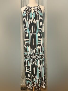 London Style Collection Aqua Black, White & Aqua Printed Halter Maxi Dress